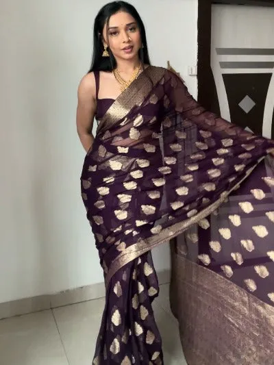 1 Min Dark Wine Soft Litchi Silk Stitched Readymade Saree