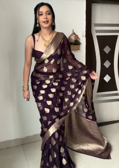 1 Min Dark Wine Soft Litchi Silk Stitched Readymade Saree