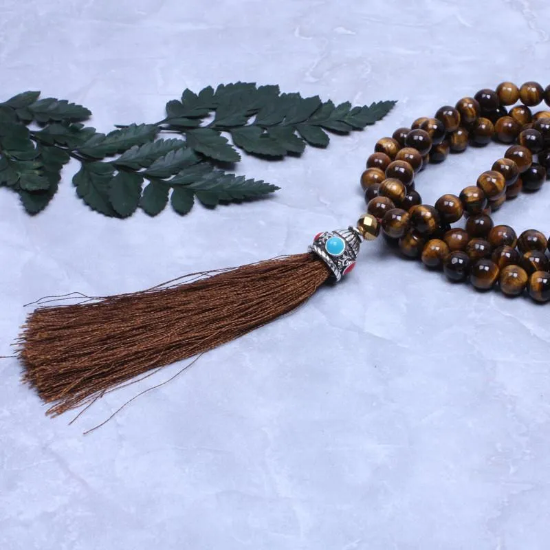 108 Tiger Eye Natural stone Necklace with Tassel