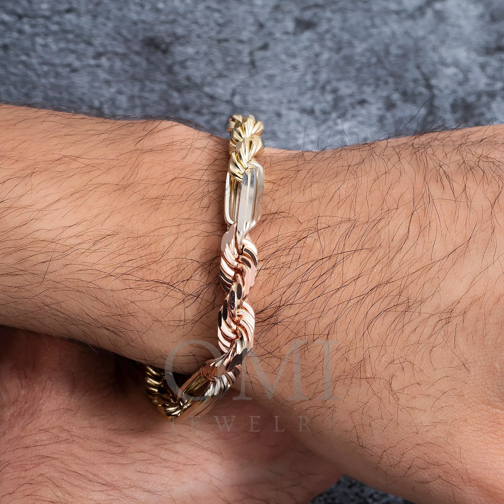 14K GOLD 6.5MM SOLID TRICOLOR MILANO CHAIN BRACELET