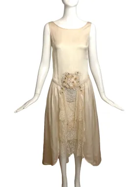 1920s Jeweled Silk & Lace Dress, Size 2