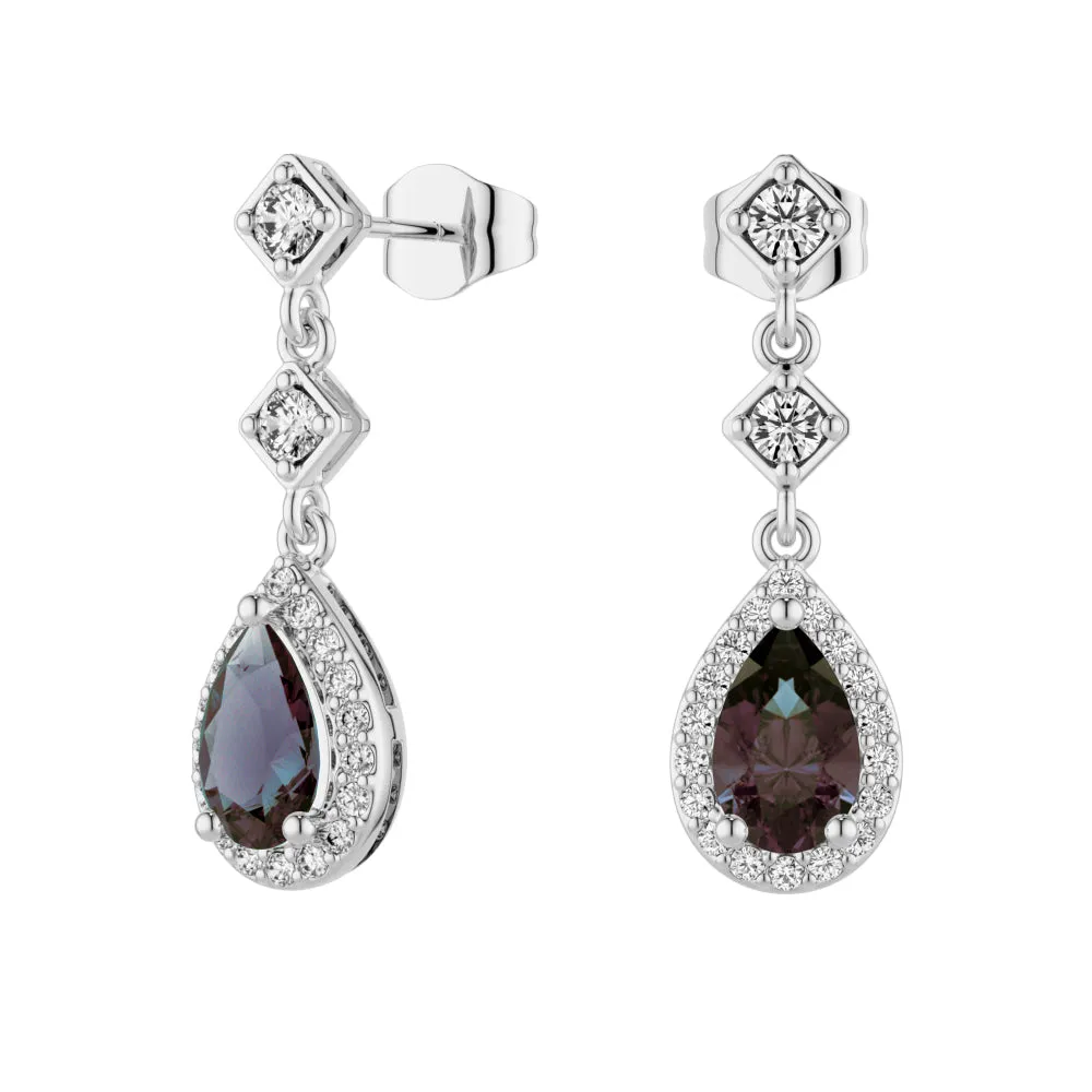 2 Ctw Pear Shaped Alexandrite Moissanite Pave Drop Earrings