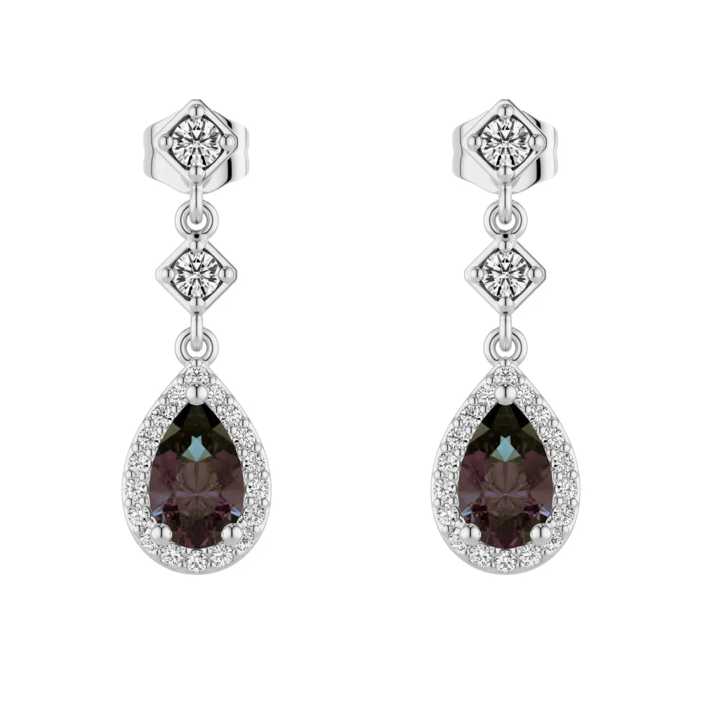 2 Ctw Pear Shaped Alexandrite Moissanite Pave Drop Earrings