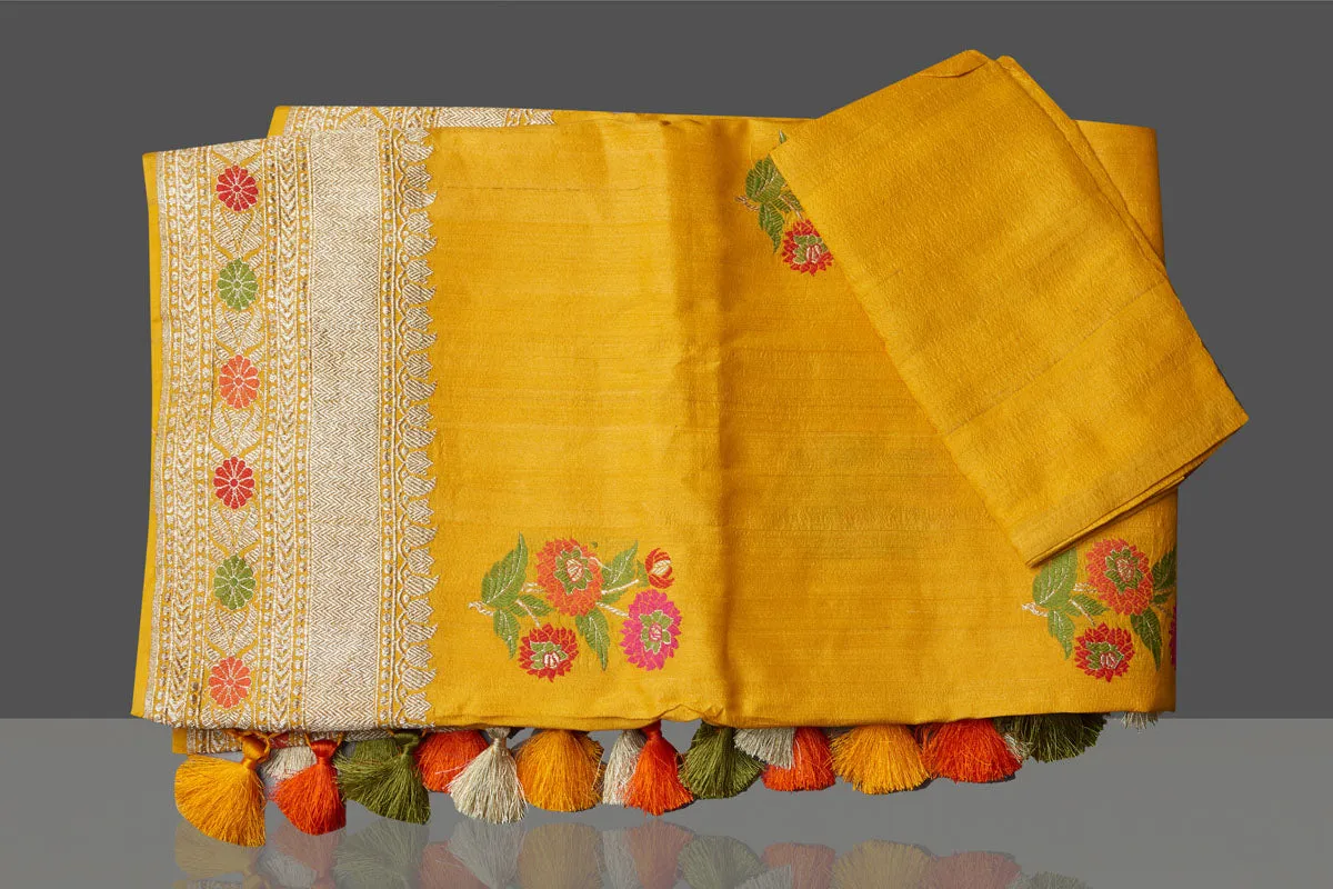 90K562-RO Mustard Tussar Georgette Saree with Floral Weave Buta and Zari Border