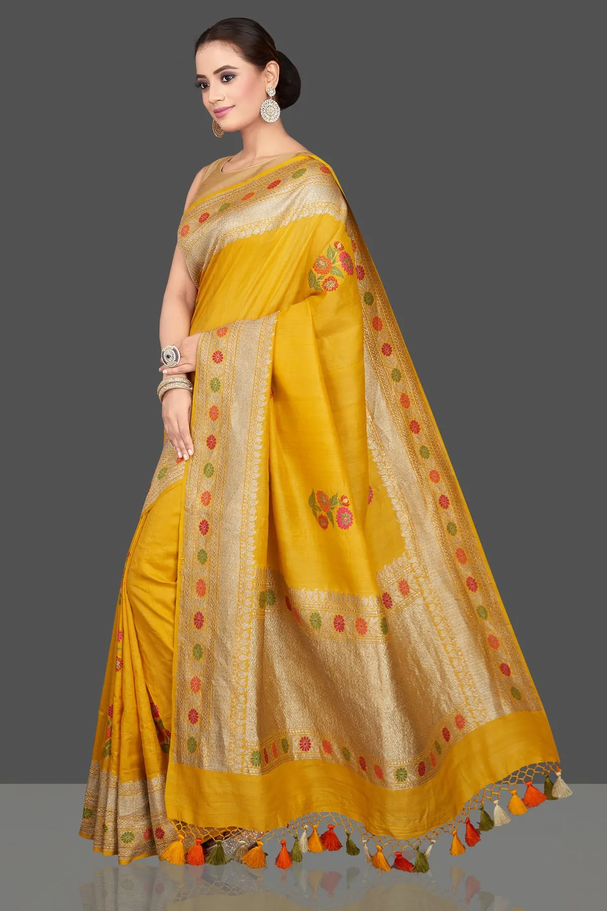 90K562-RO Mustard Tussar Georgette Saree with Floral Weave Buta and Zari Border