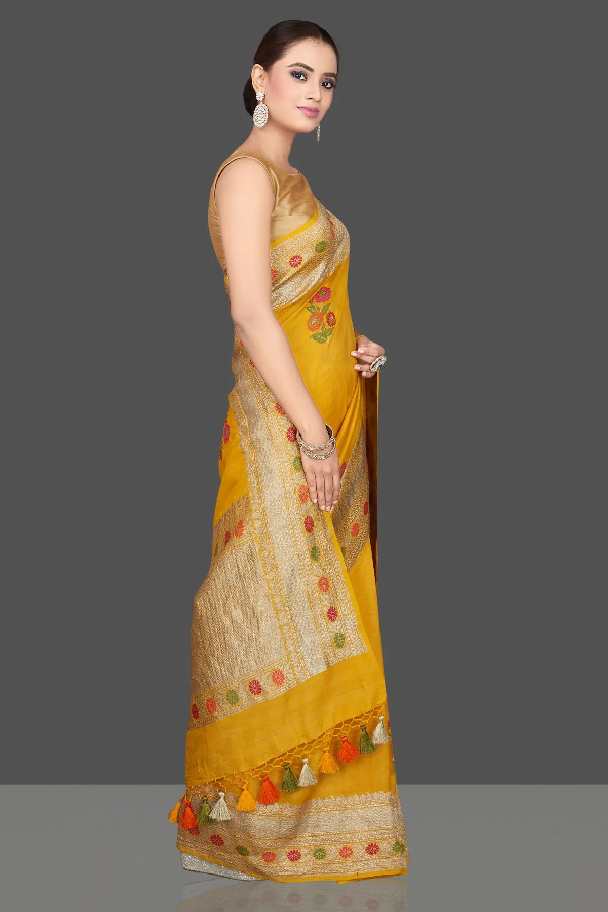 90K562-RO Mustard Tussar Georgette Saree with Floral Weave Buta and Zari Border