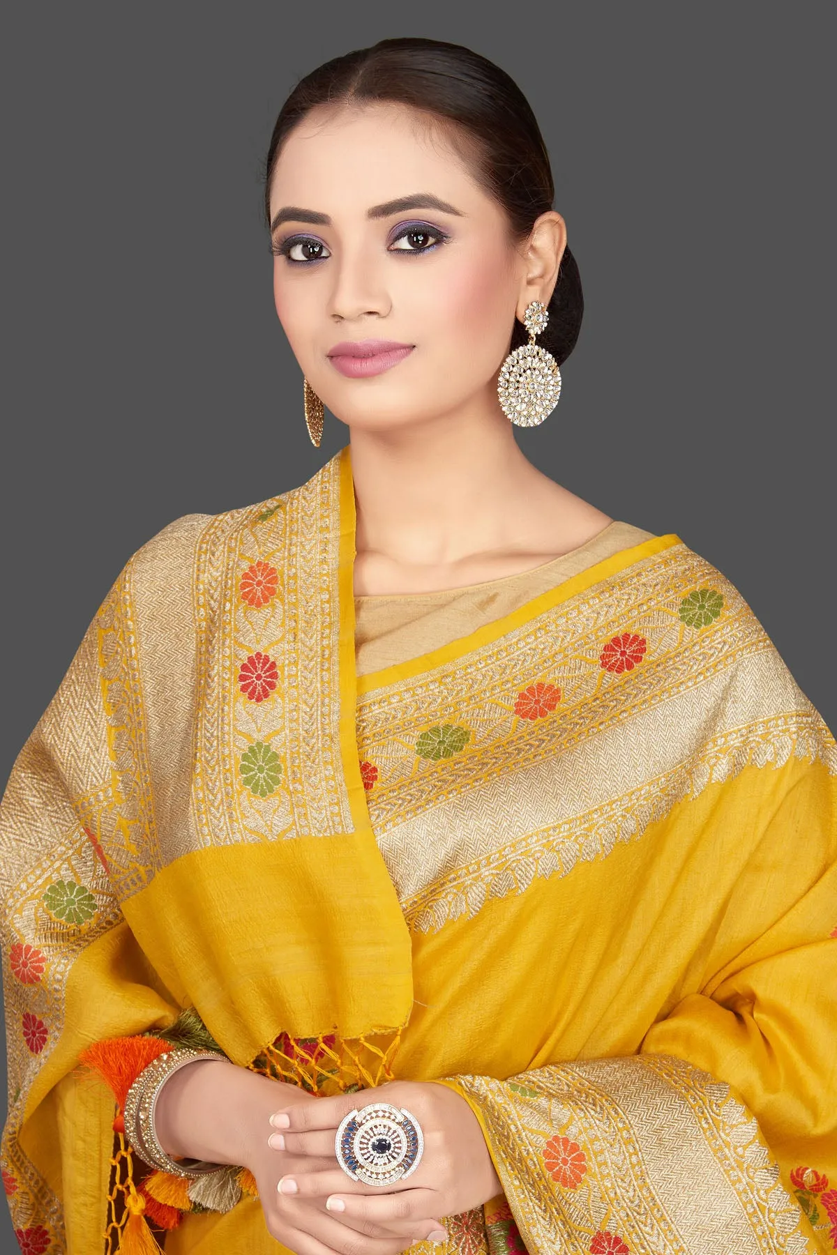 90K562-RO Mustard Tussar Georgette Saree with Floral Weave Buta and Zari Border