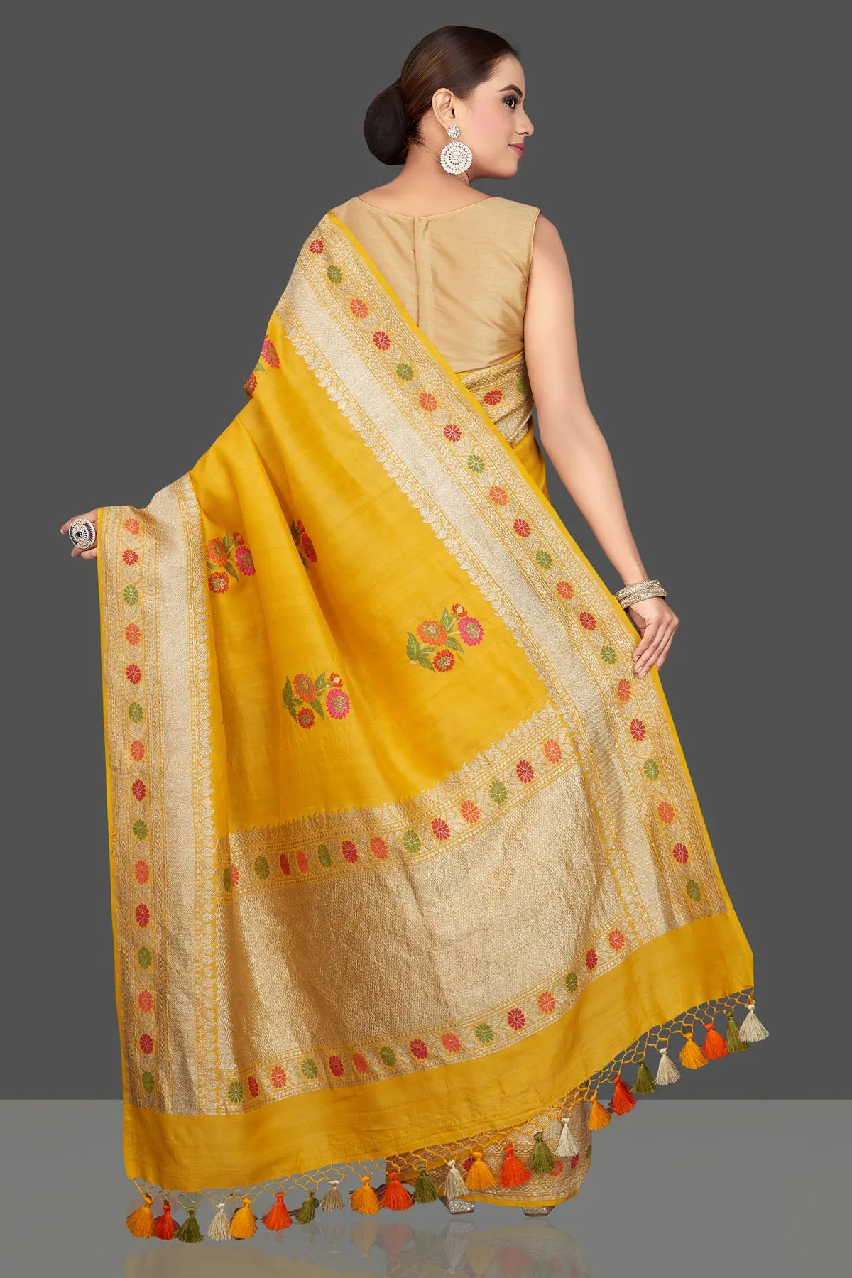 90K562-RO Mustard Tussar Georgette Saree with Floral Weave Buta and Zari Border