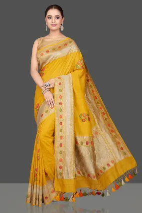 90K562-RO Mustard Tussar Georgette Saree with Floral Weave Buta and Zari Border