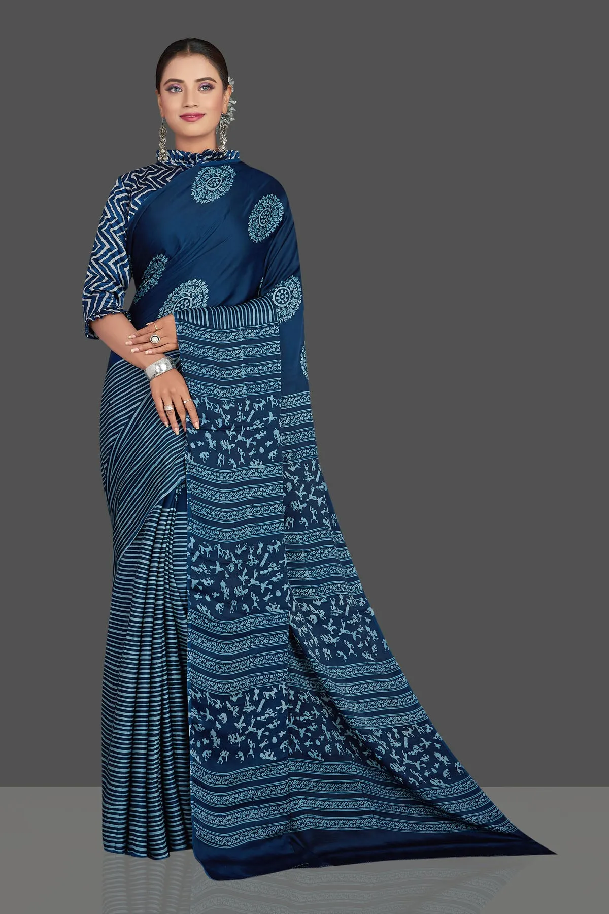 90K901-RO Blue Print Modal Silk Sari