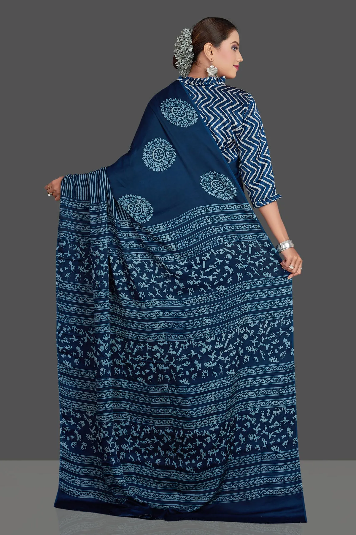 90K901-RO Blue Print Modal Silk Sari