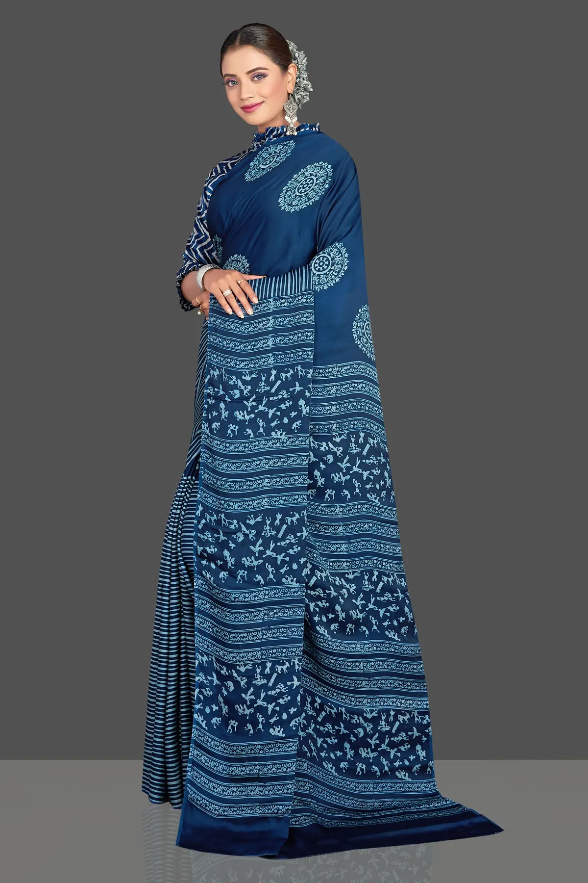 90K901-RO Blue Print Modal Silk Sari