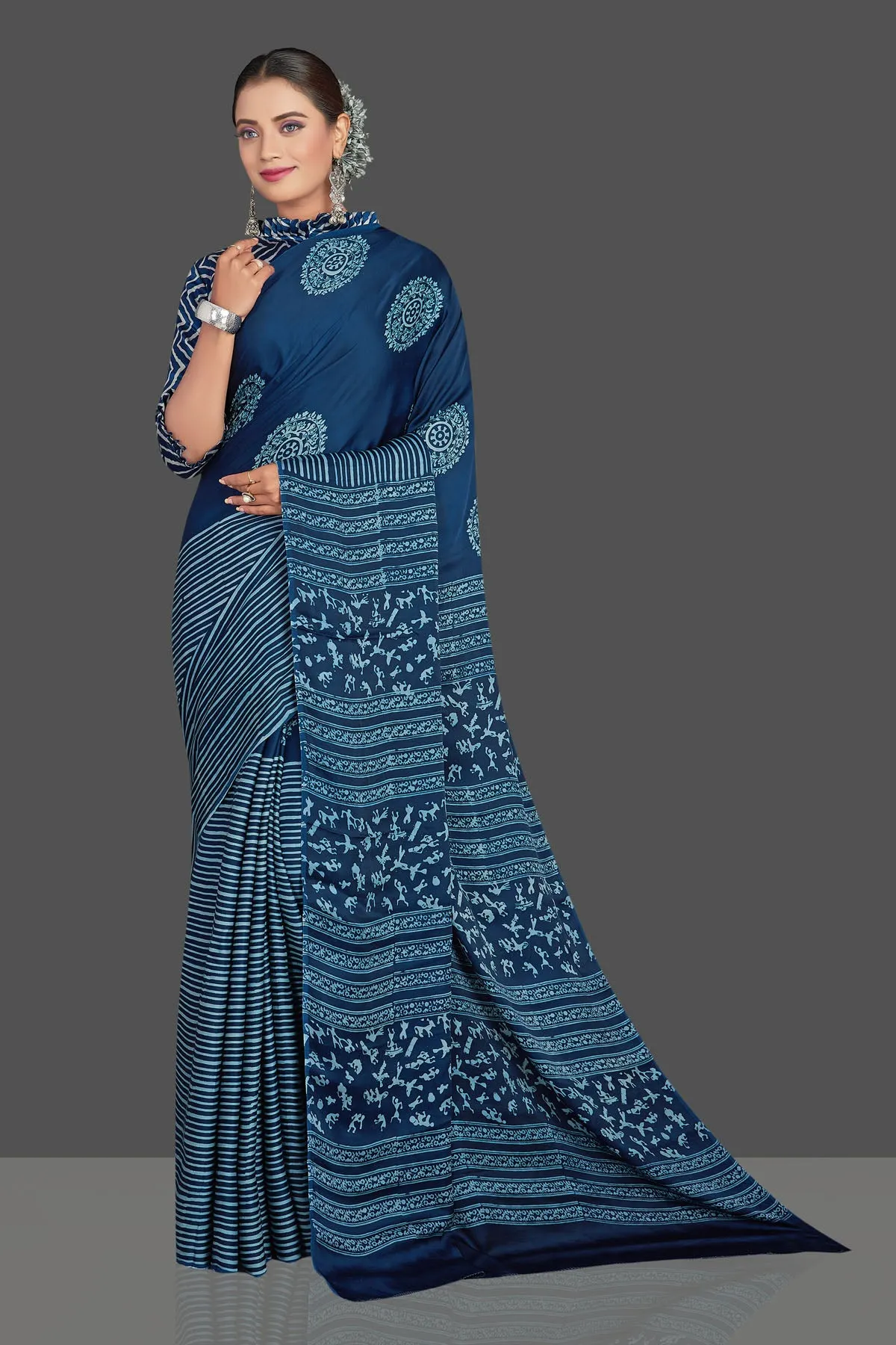 90K901-RO Blue Print Modal Silk Sari