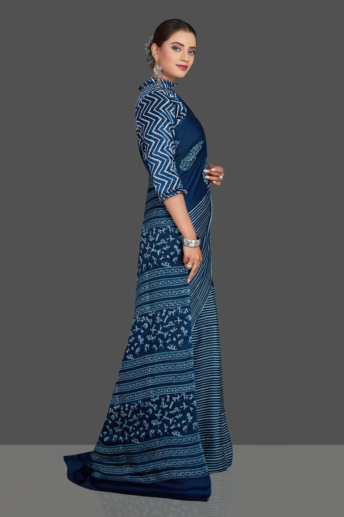 90K901-RO Blue Print Modal Silk Sari