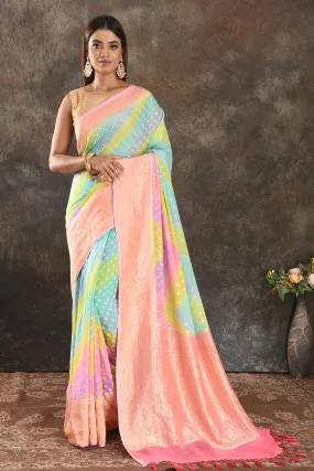 90N368-RO Pastel Green and Blue Georgette Banarasi Sari with Pink Border