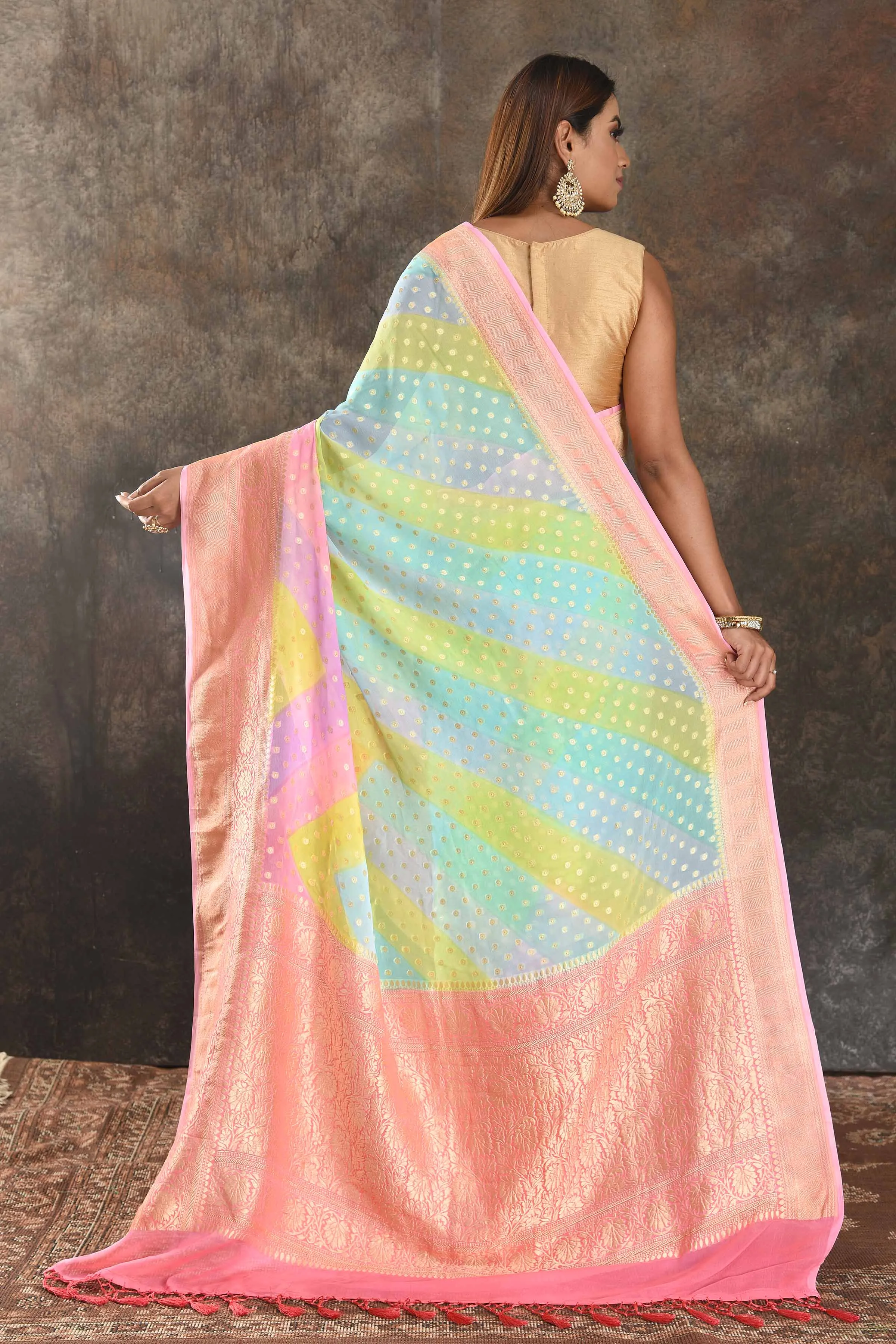 90N368-RO Pastel Green and Blue Georgette Banarasi Sari with Pink Border