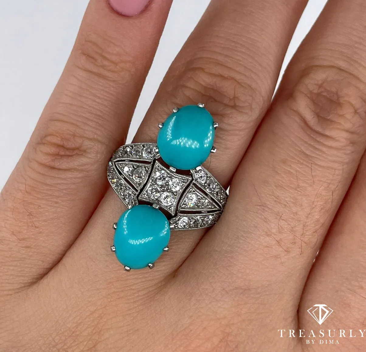 Art Deco GIA 6.64ctw Natural Untreated Turquoise Diamond Antique Vintage Platinum Ring