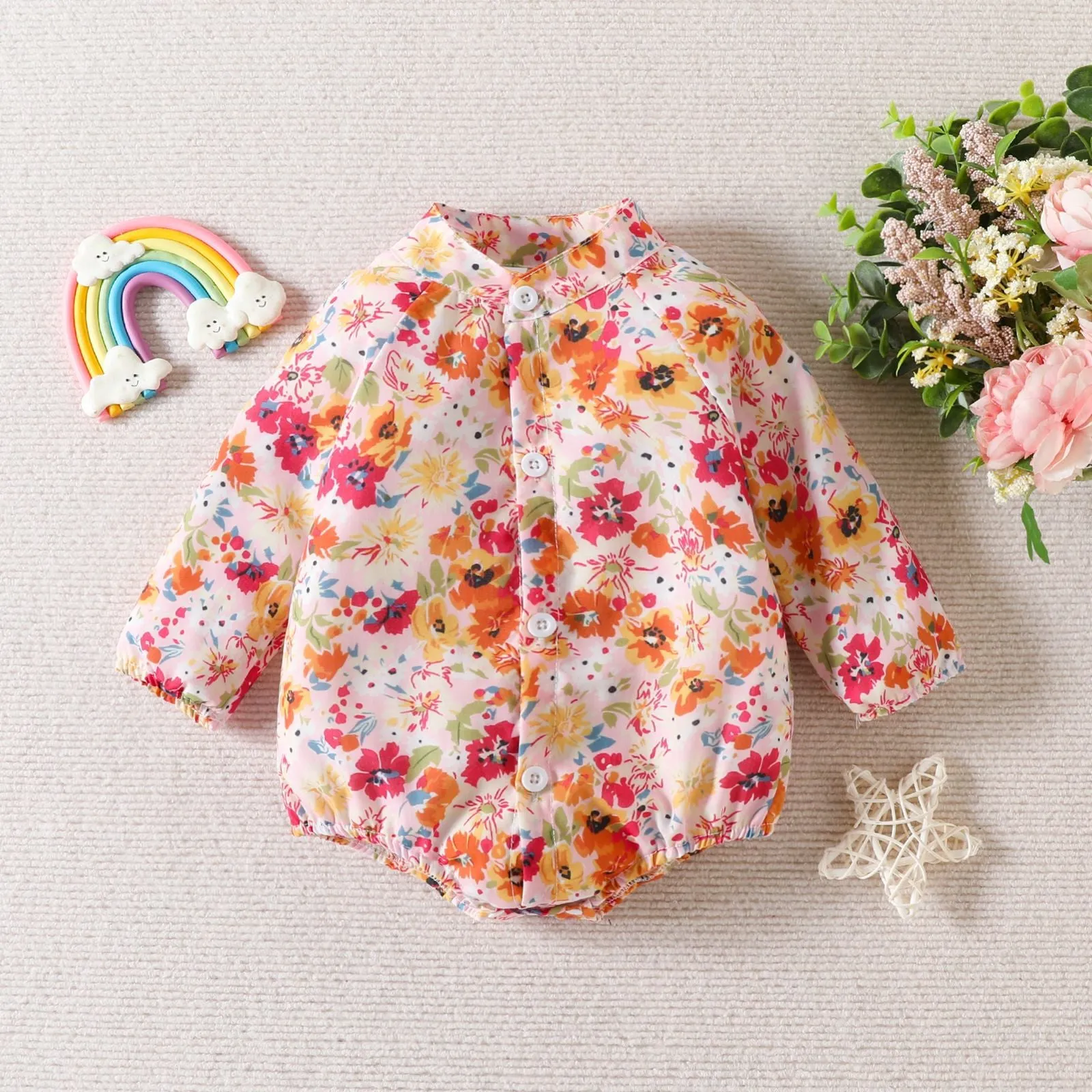 Baby Girls Floral Print Long-sleeved Shirt Jumpsuit Crawl Suit