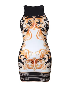 Baroque Print Halter Backless Bodycon Dress