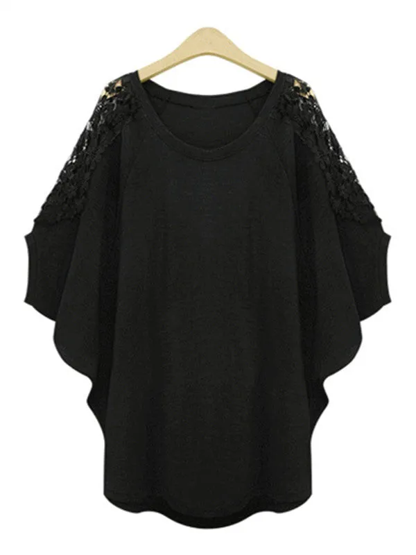 Bat Sleeve Patchwork Lace Loose T-shirt