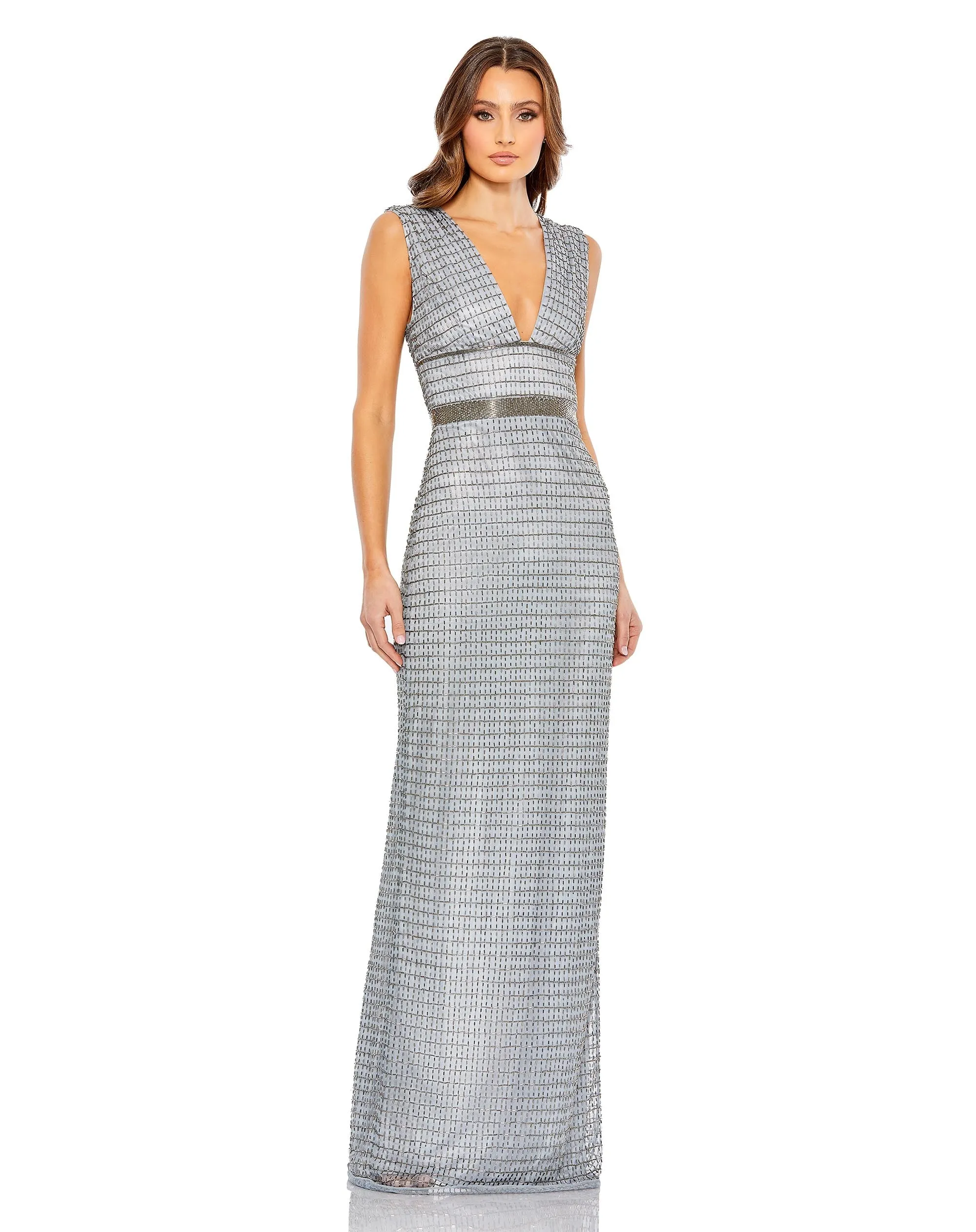 Beaded Cap Sleeve V Neck Column Gown