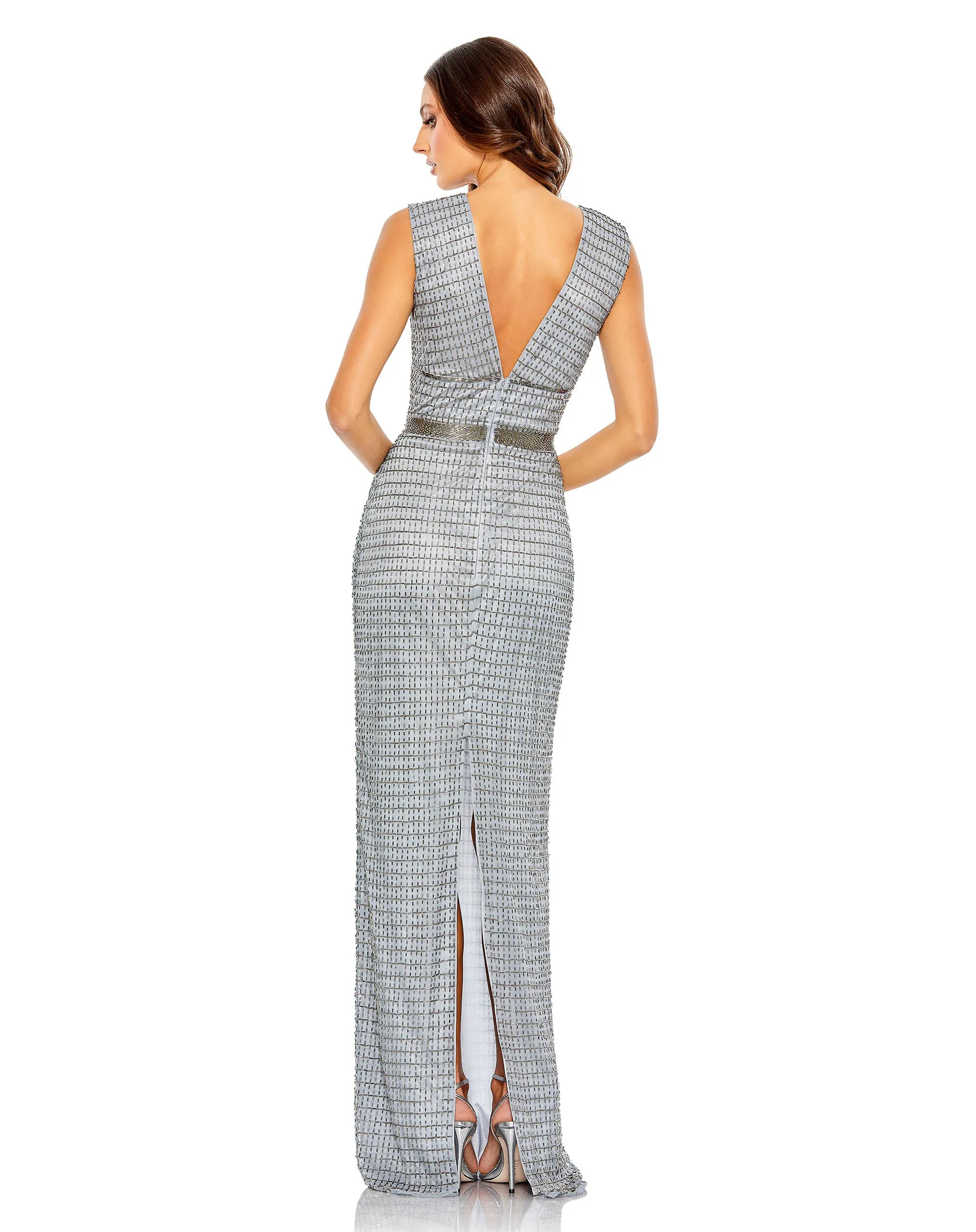 Beaded Cap Sleeve V Neck Column Gown