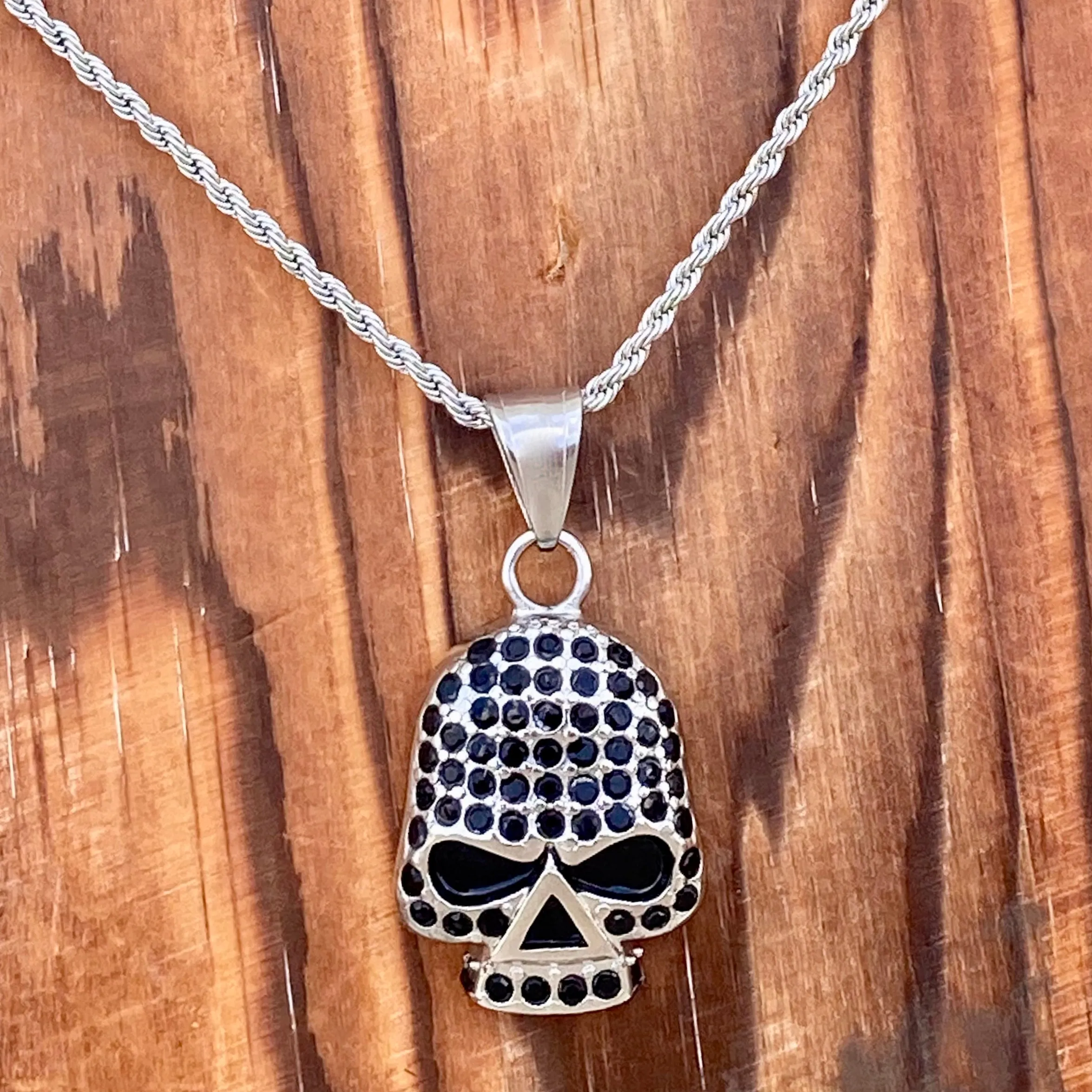 Bling Skull Pendant - Black Stone Pendant - Rope Necklace or Omega - SK2594