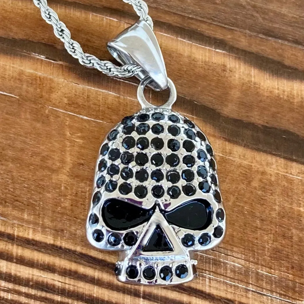 Bling Skull Pendant - Black Stone Pendant - Rope Necklace or Omega - SK2594