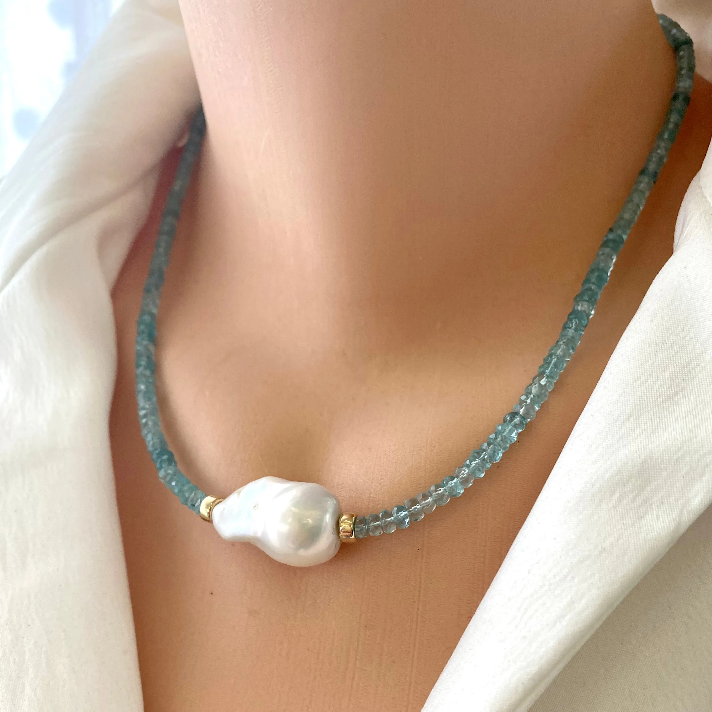 Blue Apatite and Baroque Pearl Beaded Necklace, Gold Filled, 18inches