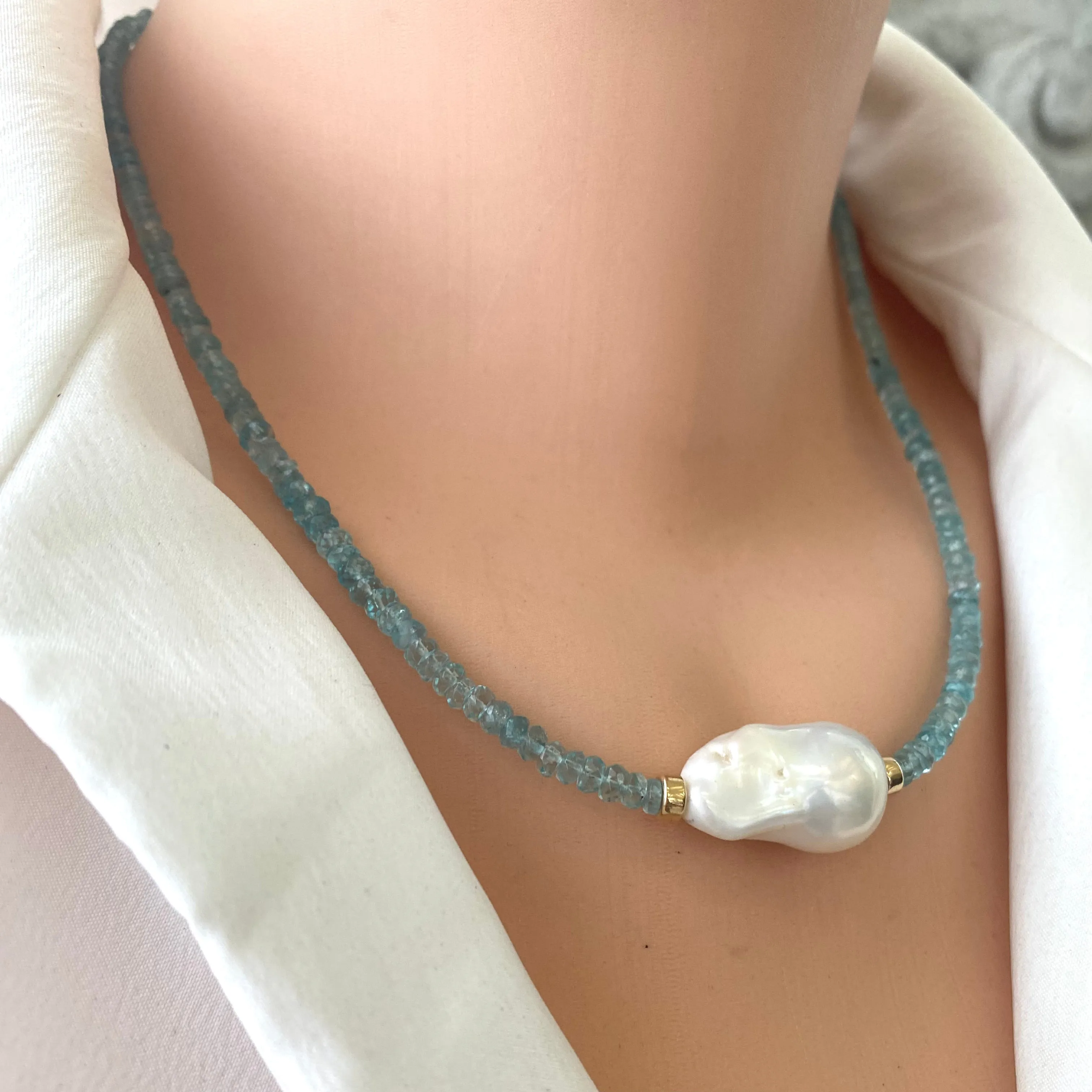 Blue Apatite and Baroque Pearl Beaded Necklace, Gold Filled, 18inches