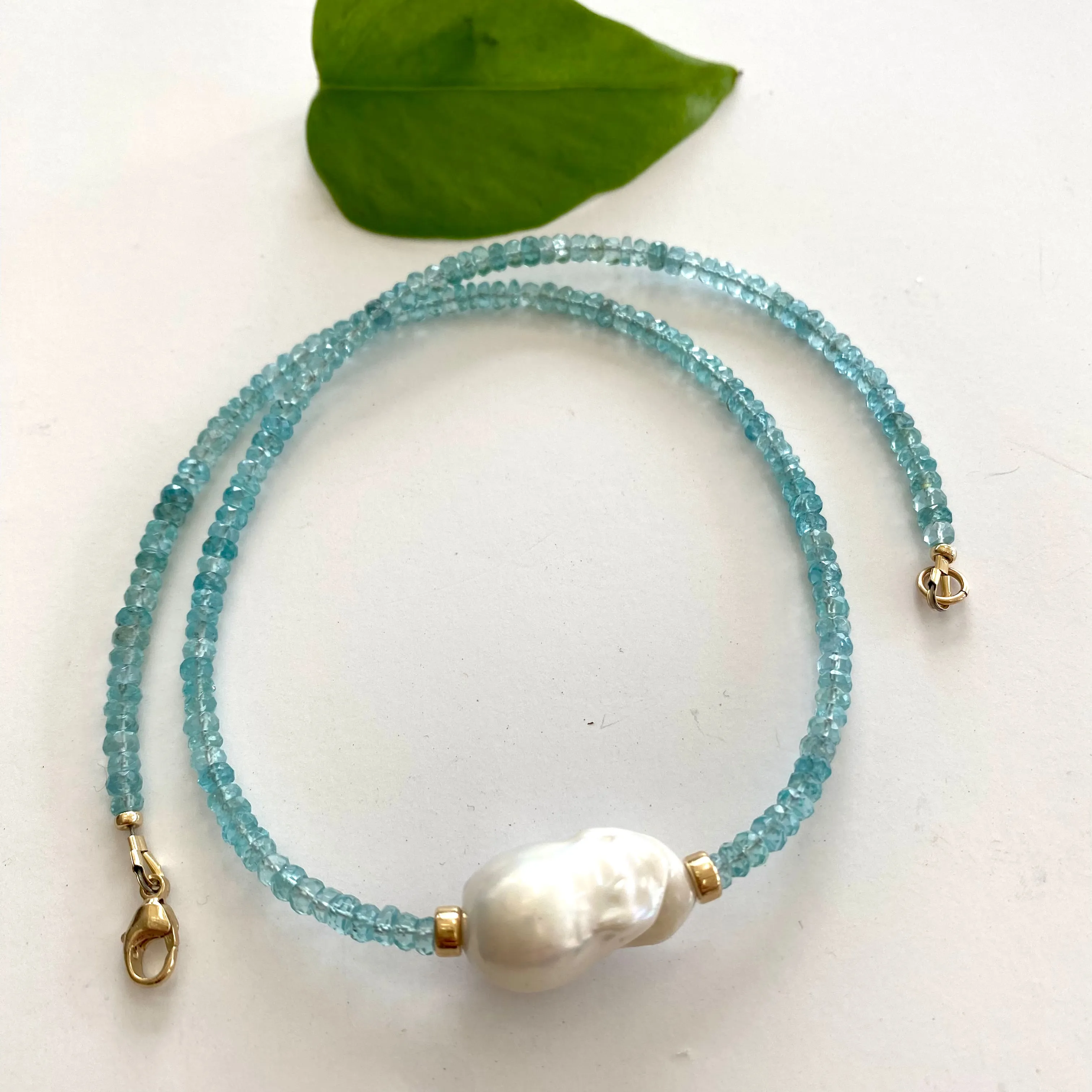 Blue Apatite and Baroque Pearl Beaded Necklace, Gold Filled, 18inches