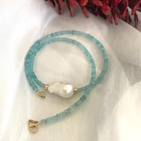 Blue Apatite and Baroque Pearl Beaded Necklace, Gold Filled, 18inches