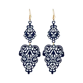 Blue Metal Filigree Drop Earrings