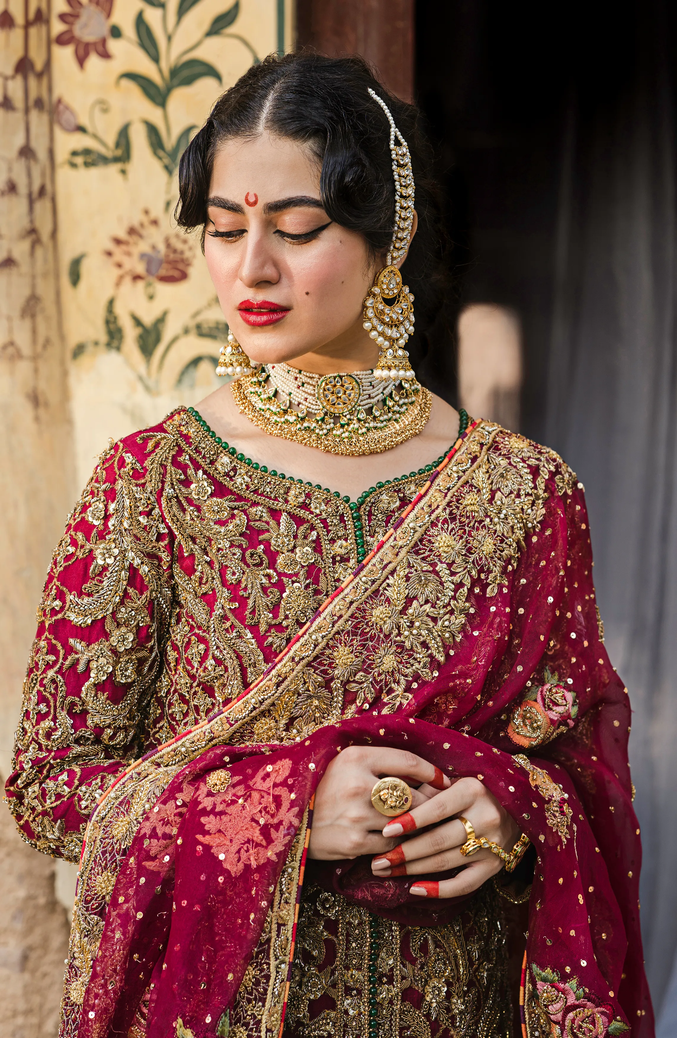 Bridal Traditionally Embroidered Shirt with a Trailing Gharara and Dupatta