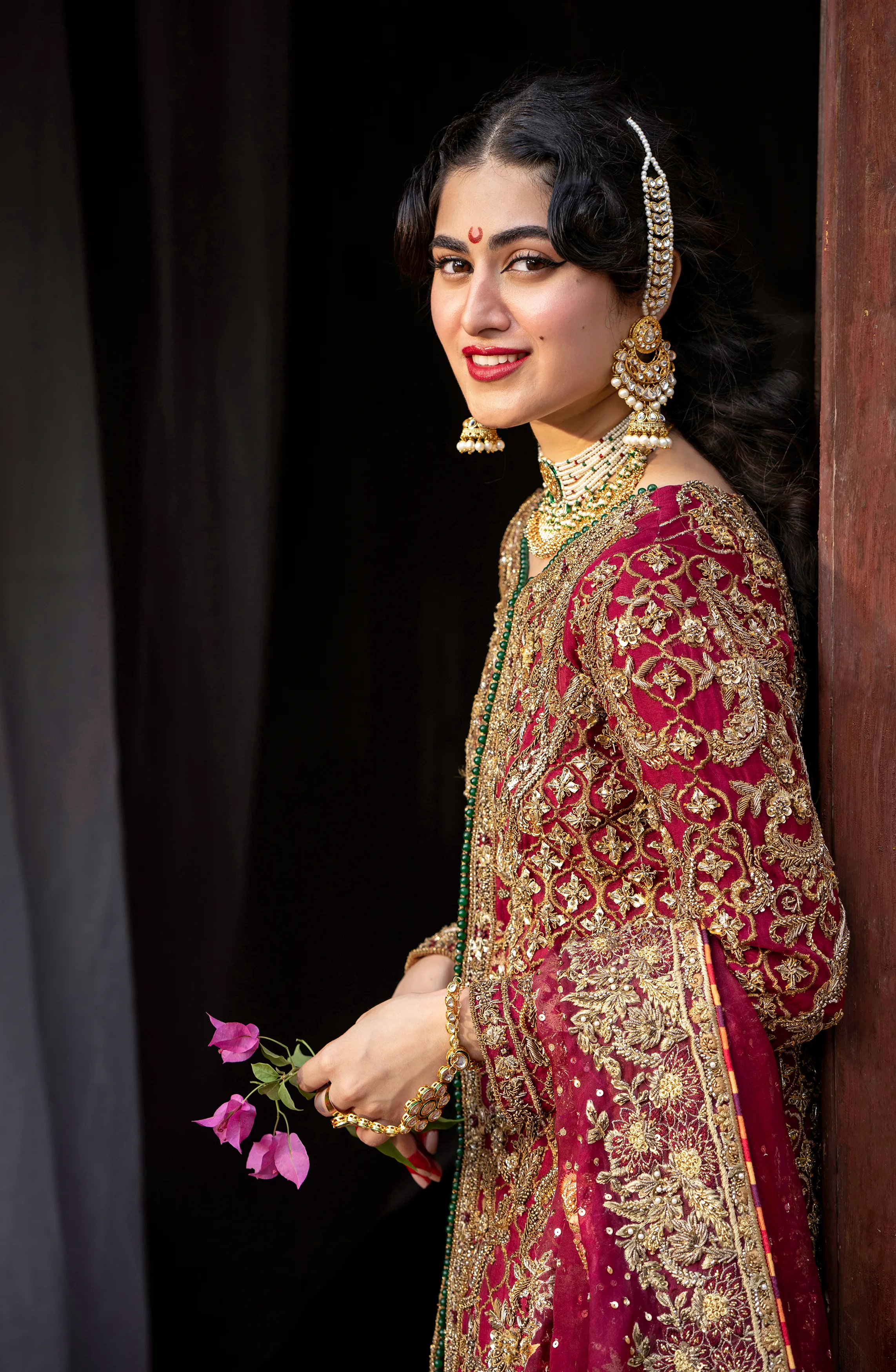 Bridal Traditionally Embroidered Shirt with a Trailing Gharara and Dupatta