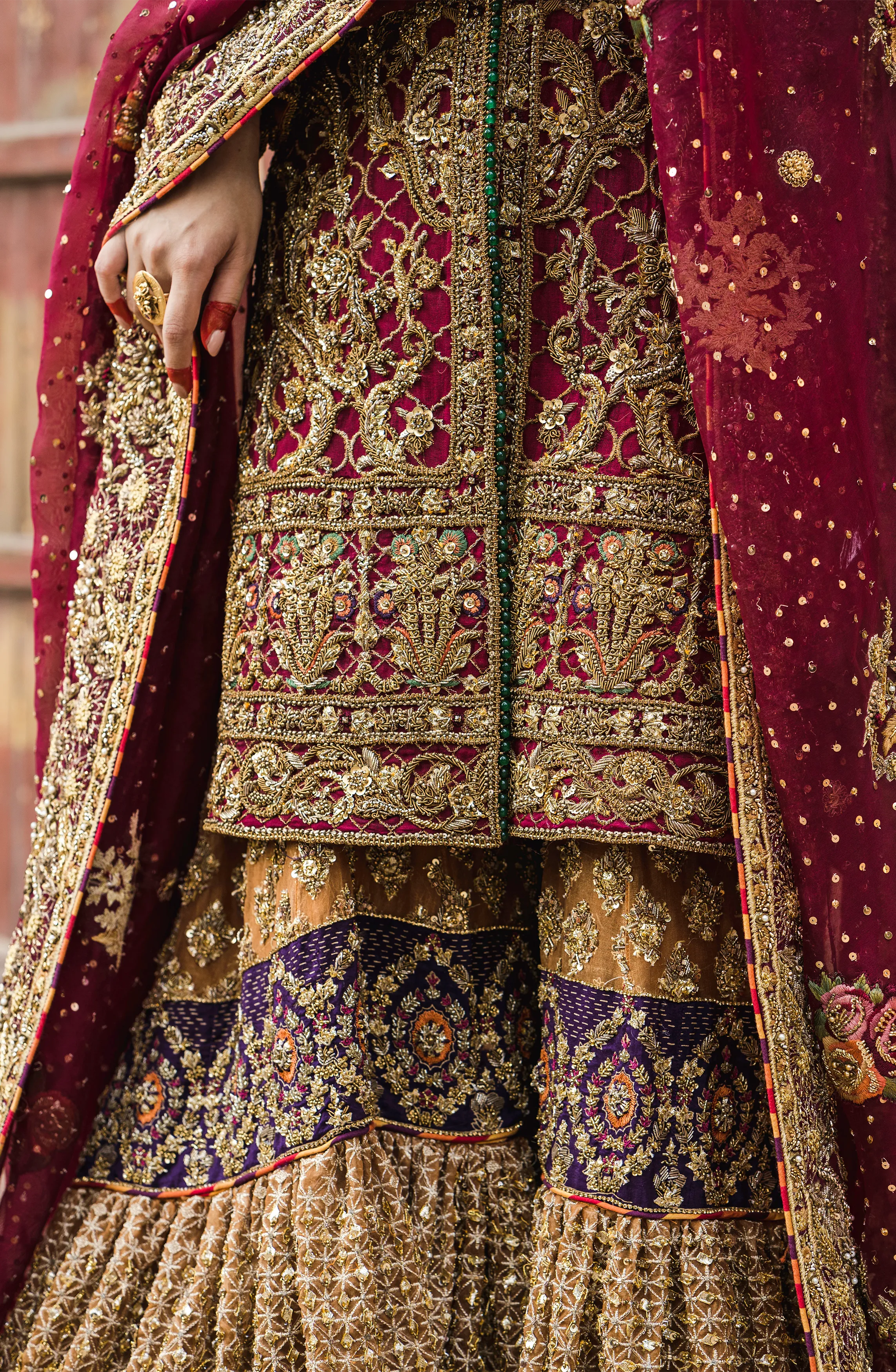 Bridal Traditionally Embroidered Shirt with a Trailing Gharara and Dupatta