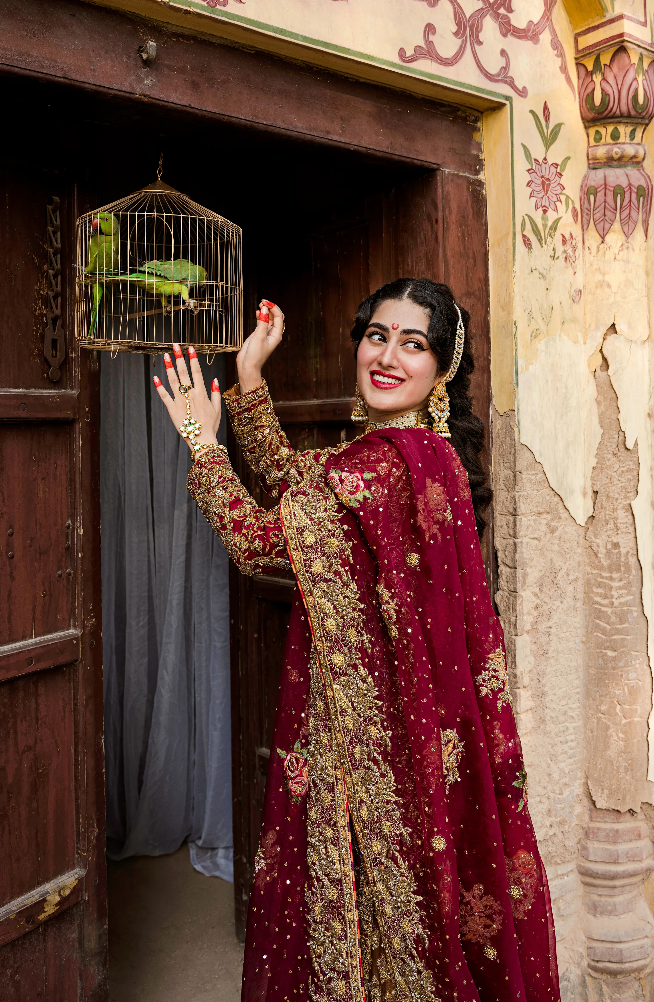 Bridal Traditionally Embroidered Shirt with a Trailing Gharara and Dupatta