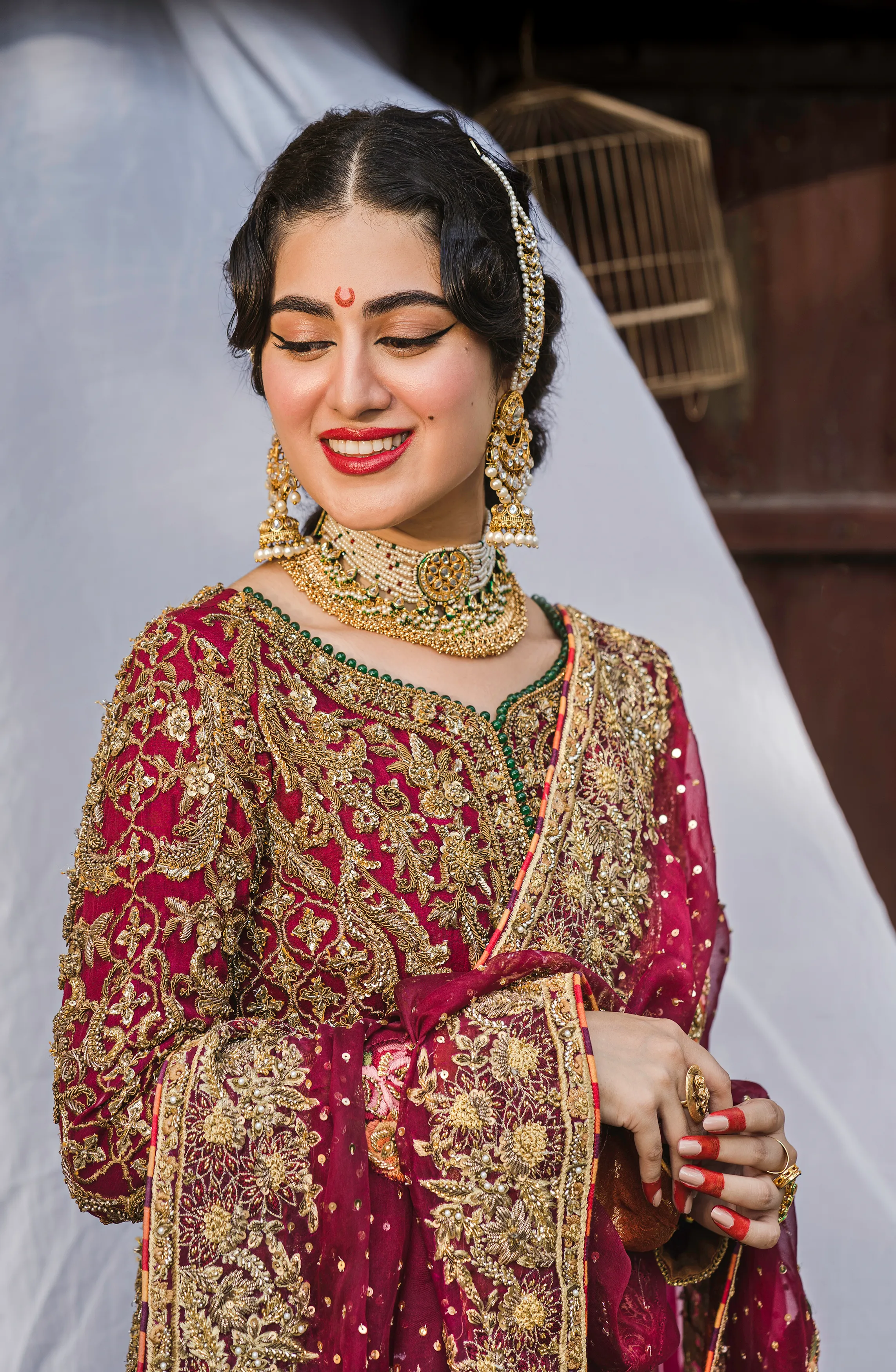 Bridal Traditionally Embroidered Shirt with a Trailing Gharara and Dupatta