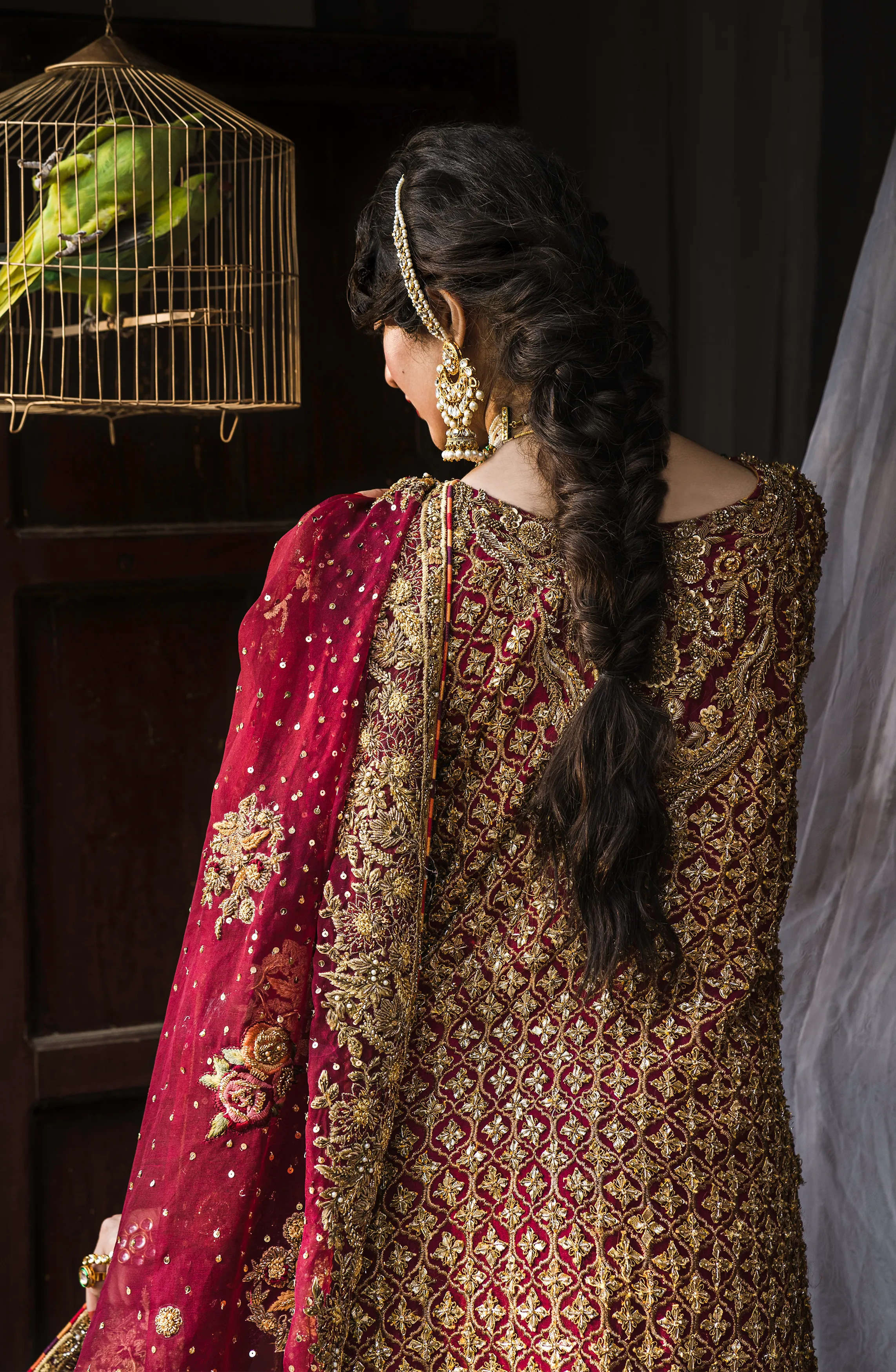 Bridal Traditionally Embroidered Shirt with a Trailing Gharara and Dupatta