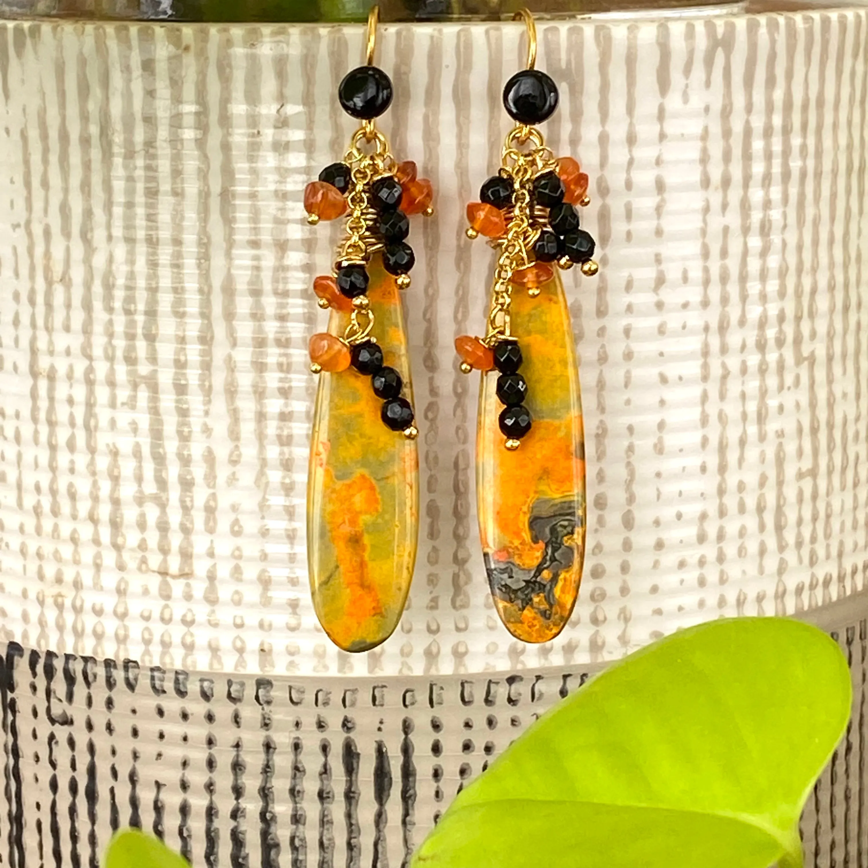 Bumble Bee Teardrop Stone, Carnelian & Onyx Cluster Earrings, Gold Vermeil, 60MM