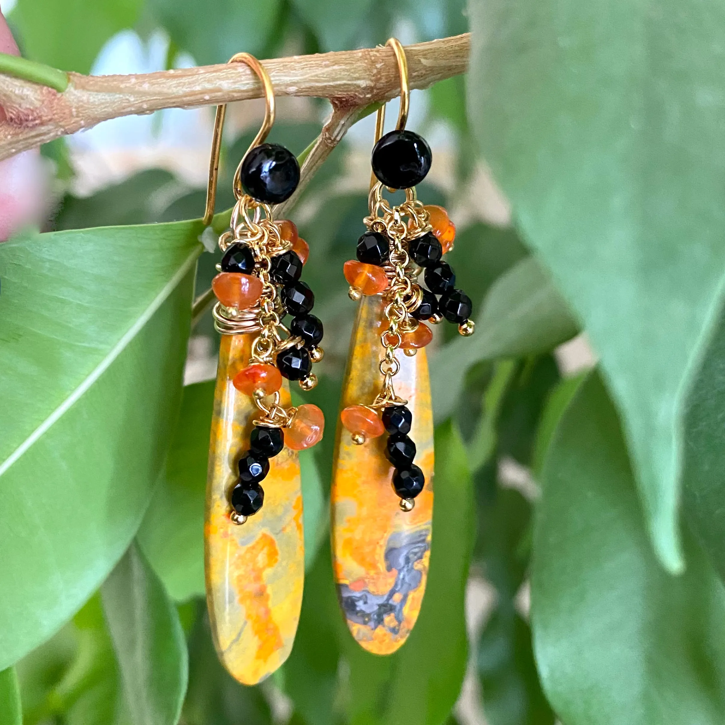 Bumble Bee Teardrop Stone, Carnelian & Onyx Cluster Earrings, Gold Vermeil, 60MM