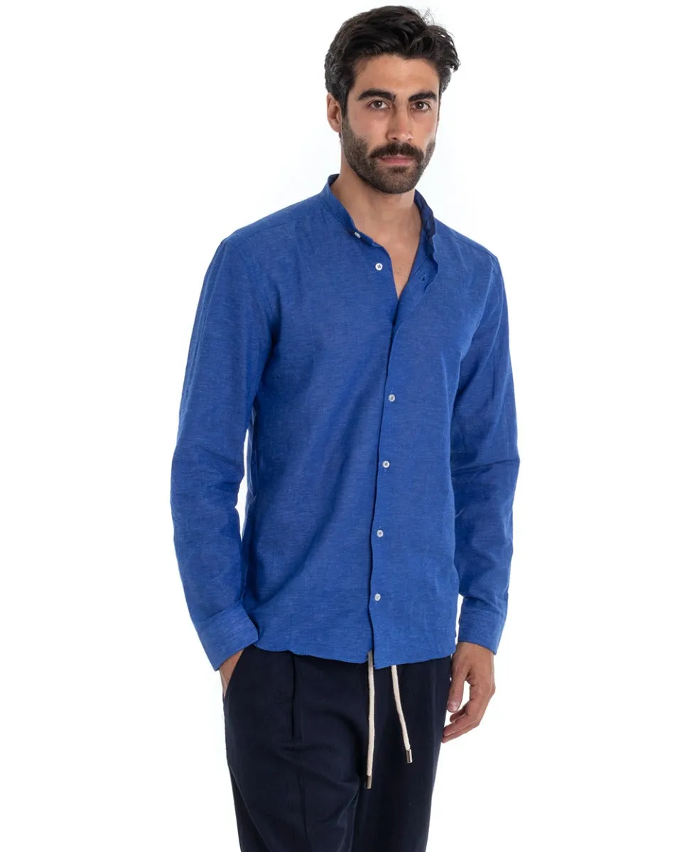 Camicia Uomo Collo Coreano Manica Lunga Regular Fit Lino Melangiata Sartoriale Blu Royal GIOSAL-C2389A