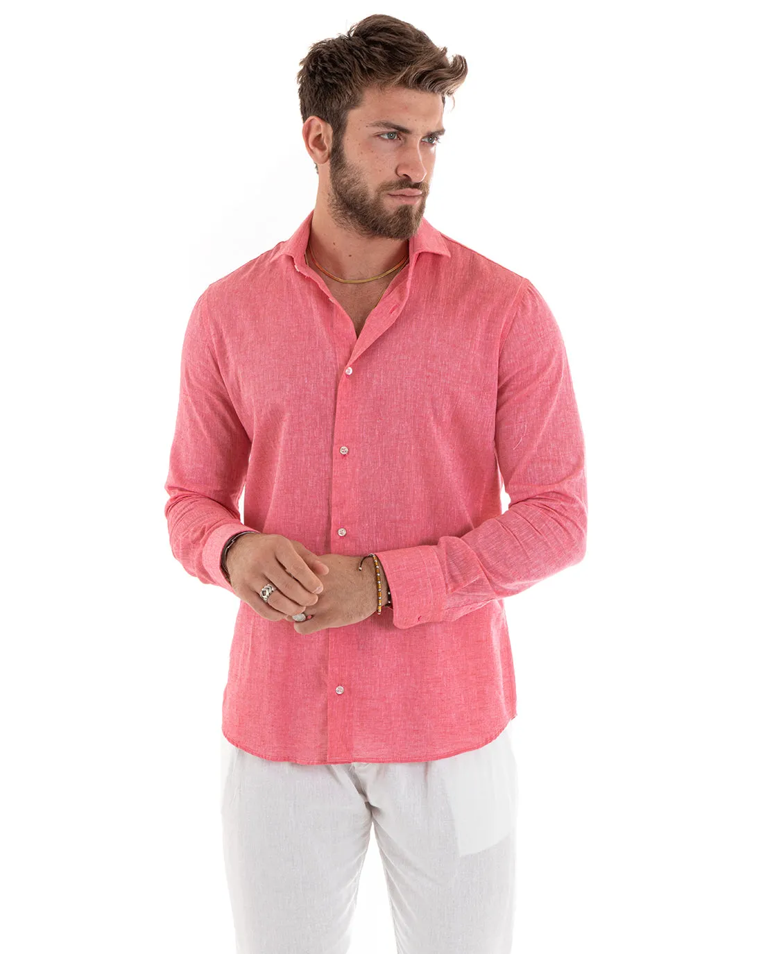 Camicia Uomo Con Colletto Francese Manica Lunga Lino Melangiata Sartoriale Corallo GIOSAL-C2680A