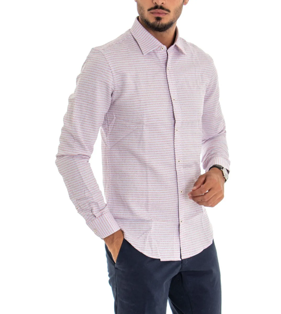 Camicia Uomo Con Colletto Manica Lunga Slim Fit Casual Cotone Fantasia Bianco GIOSAL-C1803A