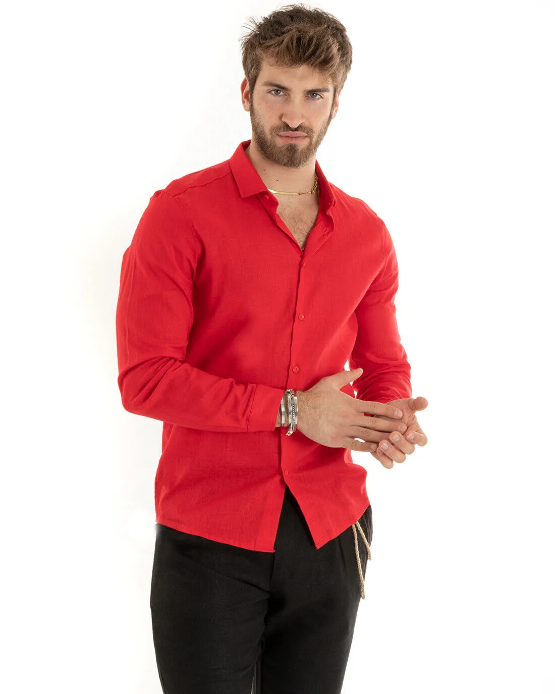 Camicia Uomo Con Colletto Tinta Unita Rosso Lino Manica Lunga Casual Sartoriale GIOSAL-C2721A