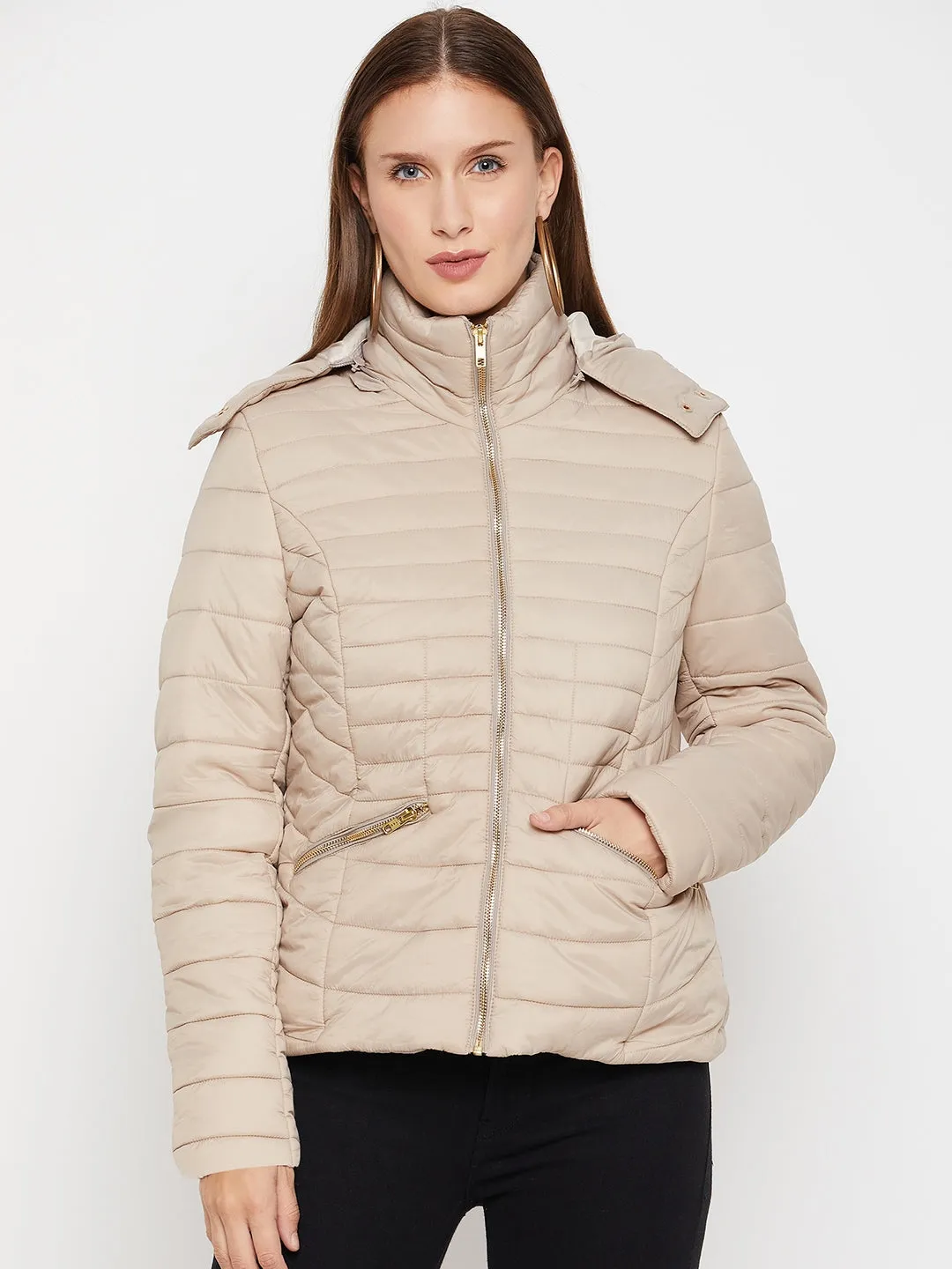 Cantabil Beige Full Sleeves Detachable Hooded Neck Puffer Casual Jacket For Women