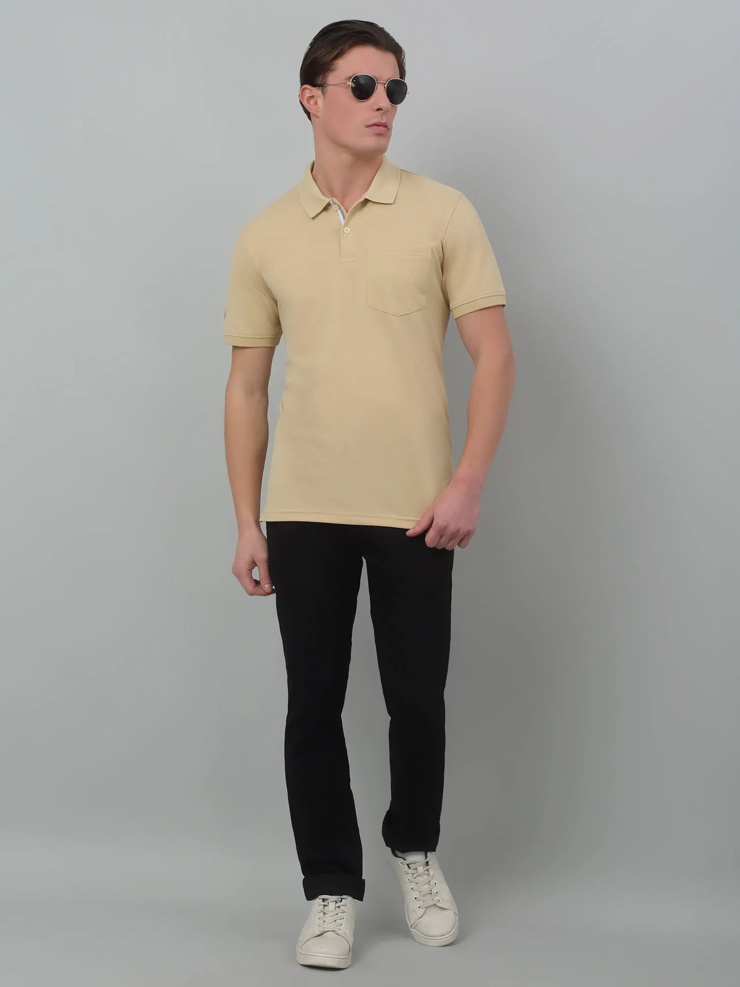 Cantabil Beige Solid Polo Neck Half Sleeve T-shirt For Men