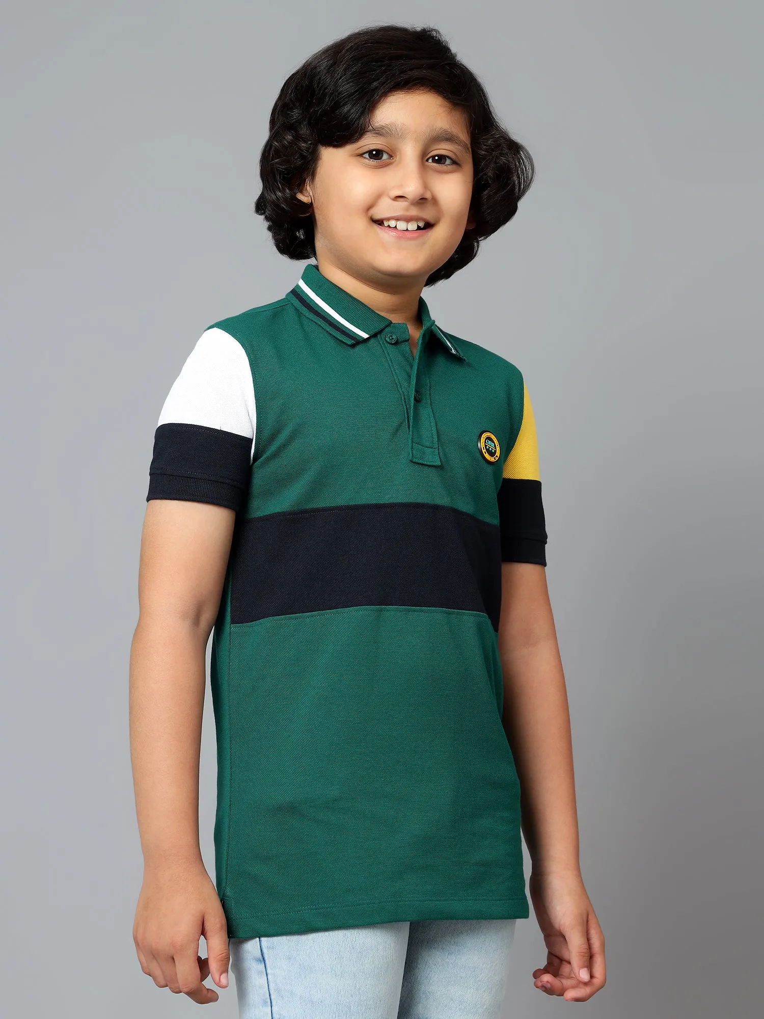 Cantabil Boy's Green Color Block Polo Neck Half Sleeve T-shirt