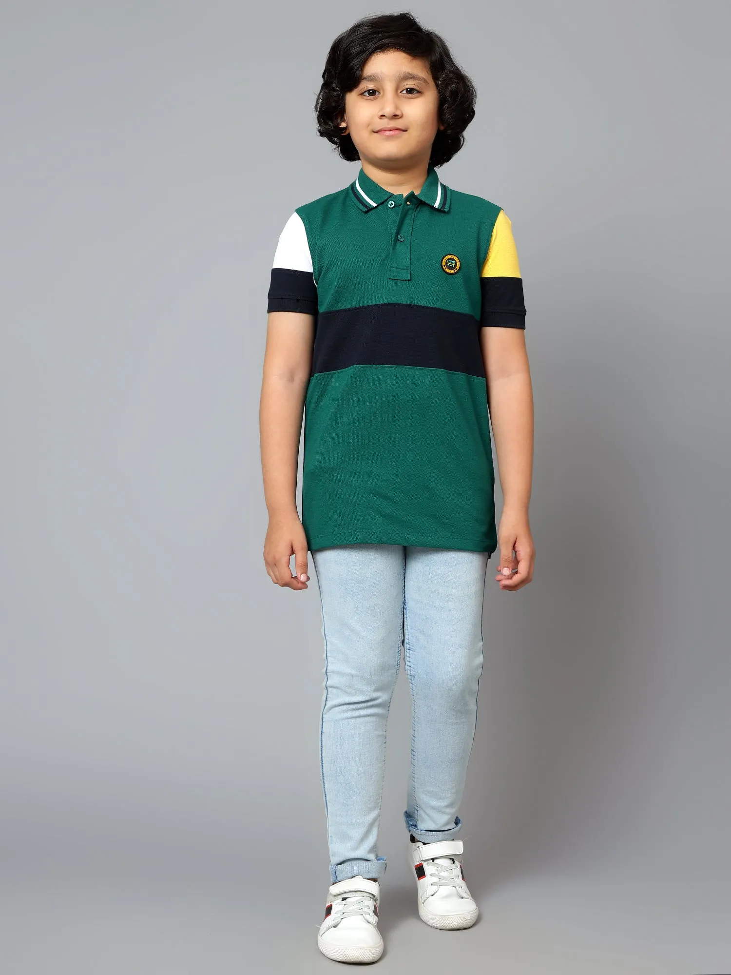 Cantabil Boy's Green Color Block Polo Neck Half Sleeve T-shirt