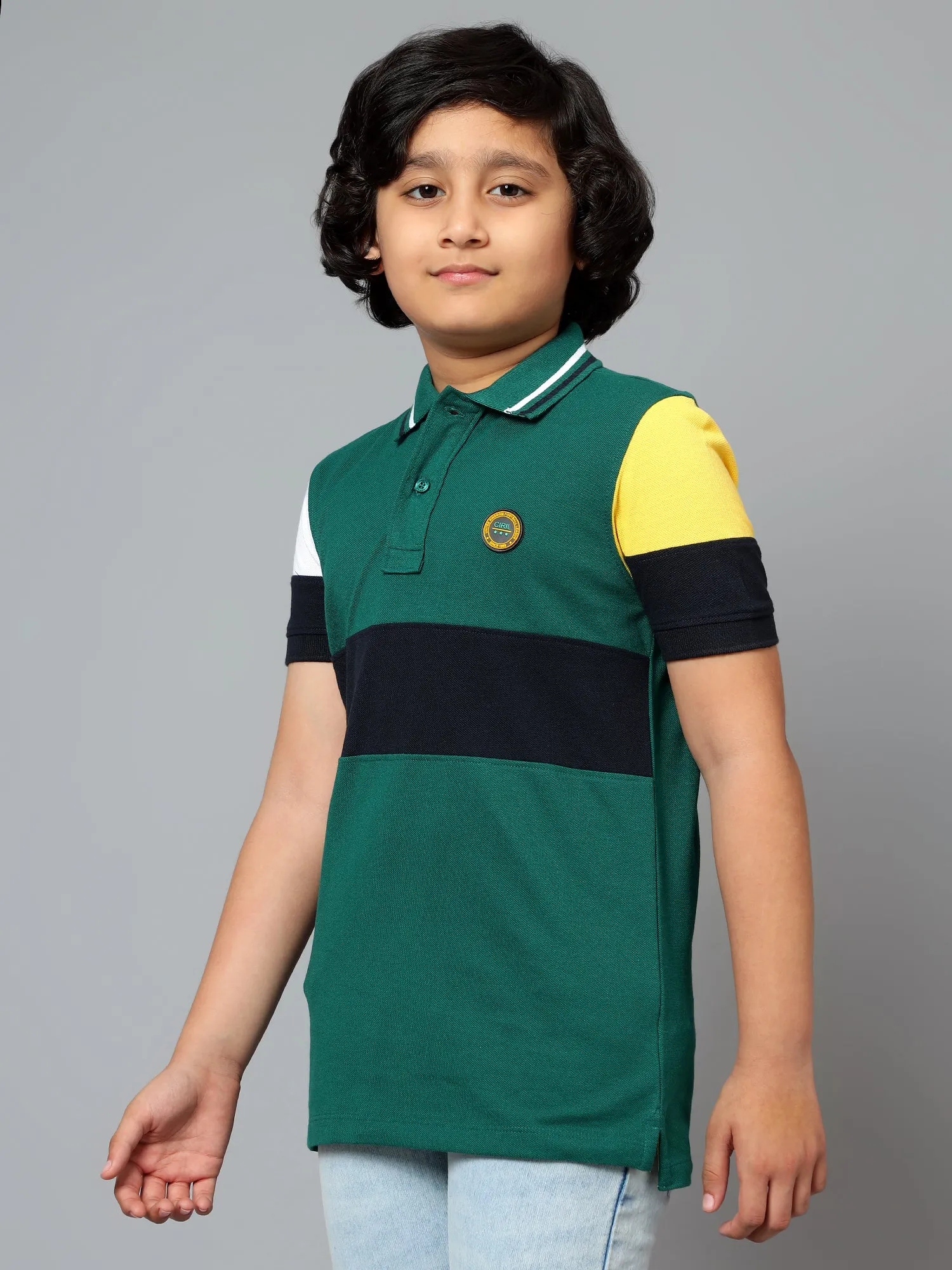 Cantabil Boy's Green Color Block Polo Neck Half Sleeve T-shirt